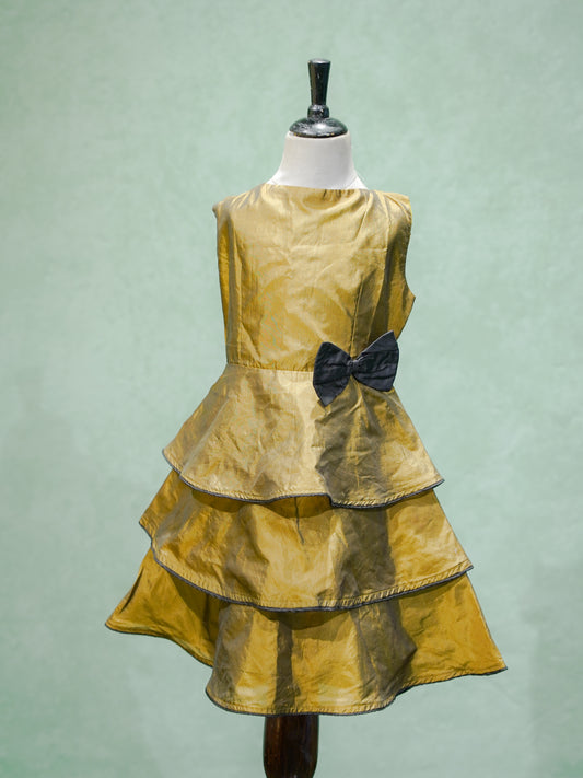 Gold Tiered Silk Gown with Black Bow