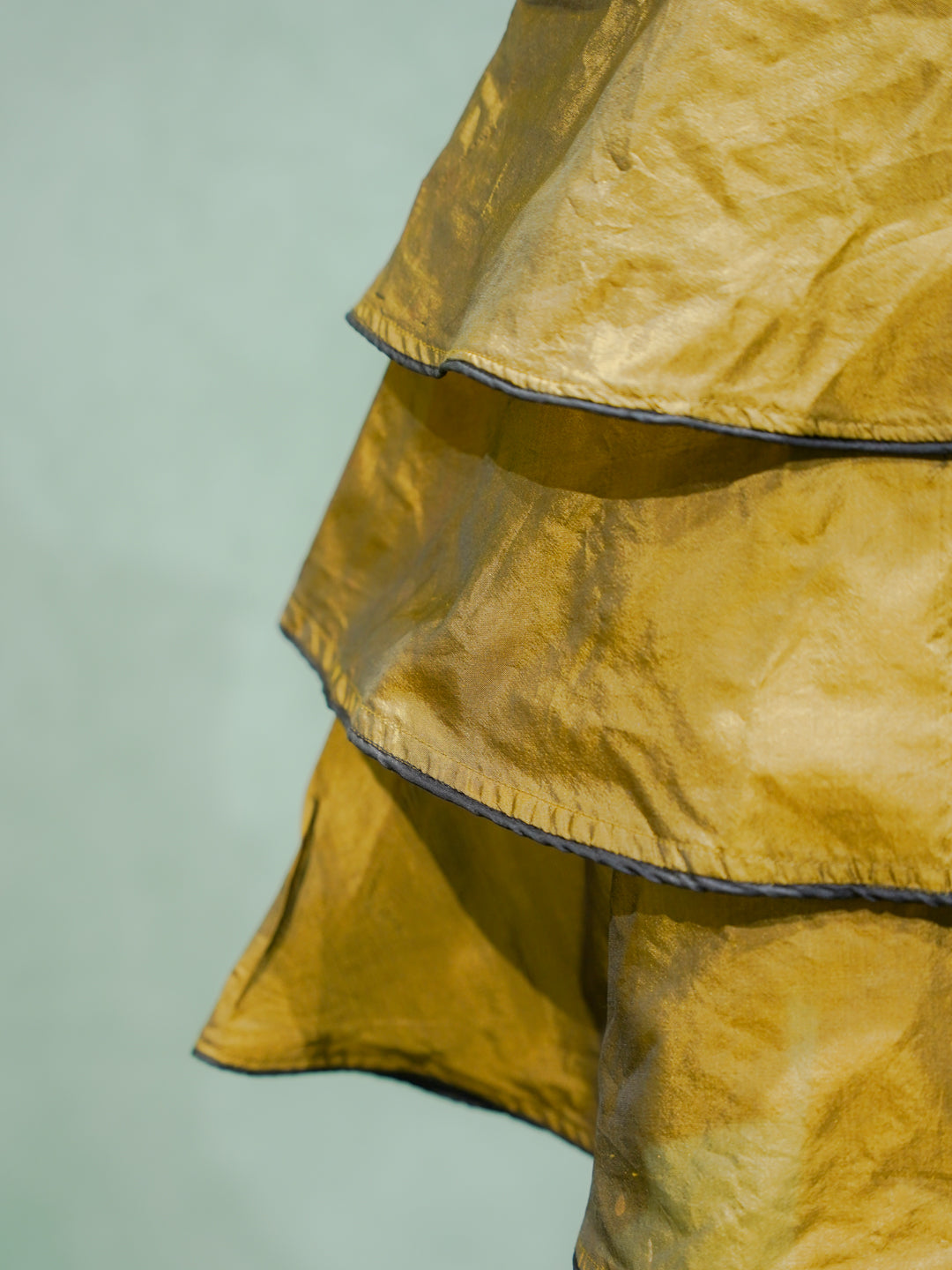 Gold Tiered Silk Gown with Black Bow