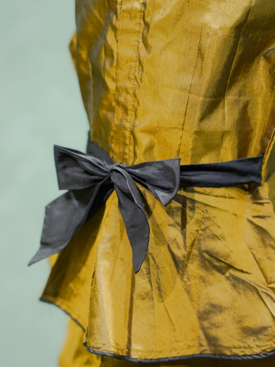 Gold Tiered Silk Gown with Black Bow
