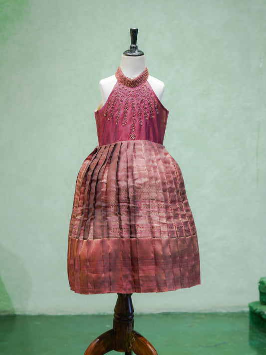 Mauve Silk Halter Gown with Pearl Embroidery & Brocade Skirt