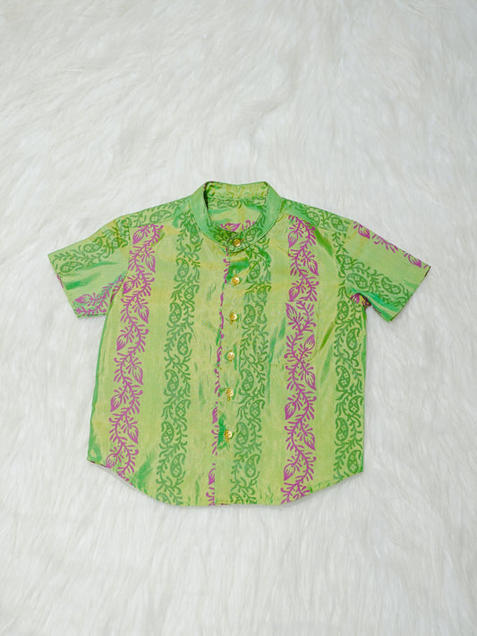 Lime Green Printed Kanchipuram Silk Boys Shirt