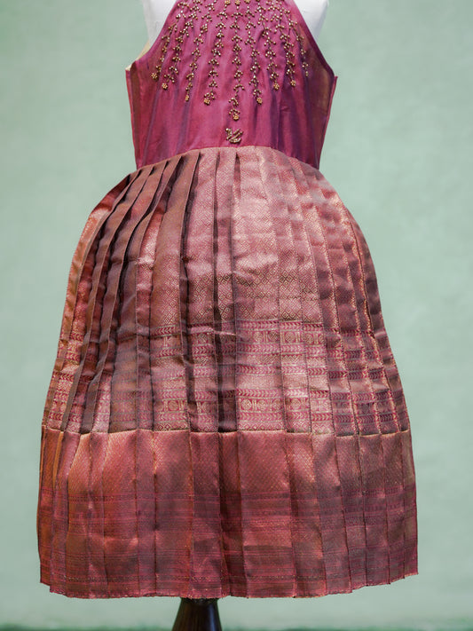 Mauve Silk Halter Gown with Pearl Embroidery & Brocade Skirt