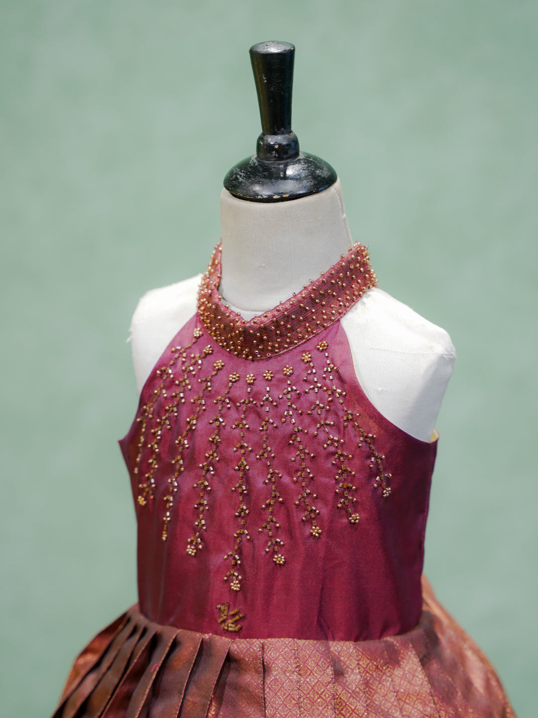 Mauve Silk Halter Gown with Pearl Embroidery & Brocade Skirt
