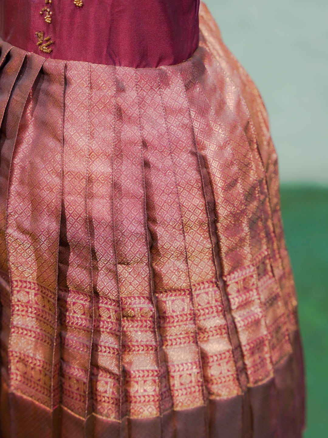 Mauve Silk Halter Gown with Pearl Embroidery & Brocade Skirt