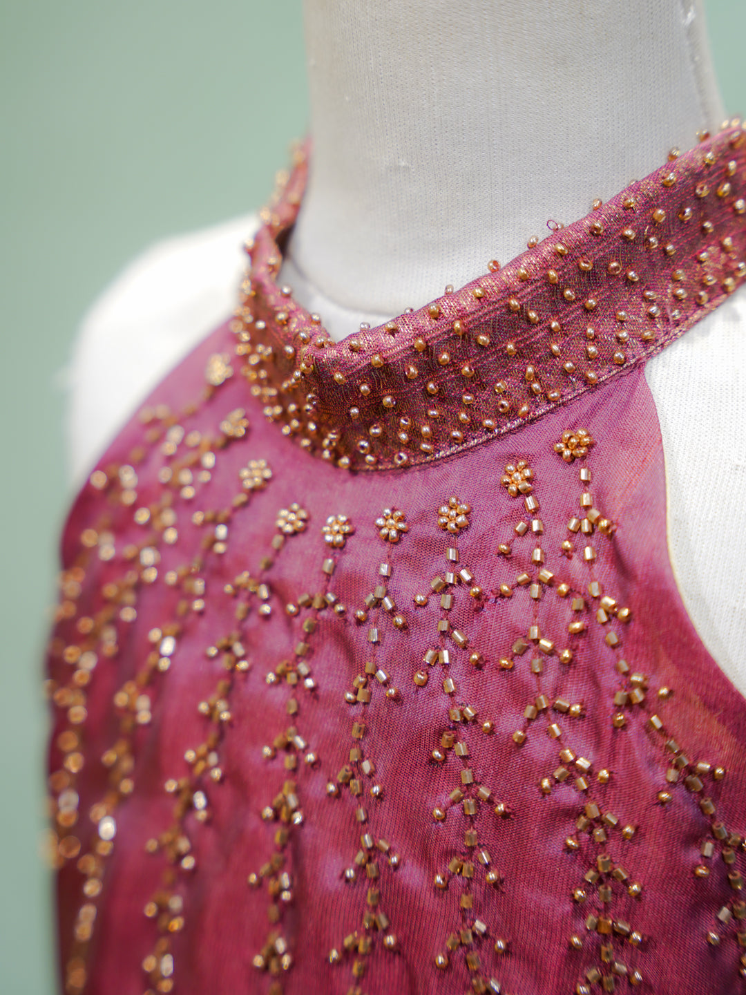 Mauve Silk Halter Gown with Pearl Embroidery & Brocade Skirt
