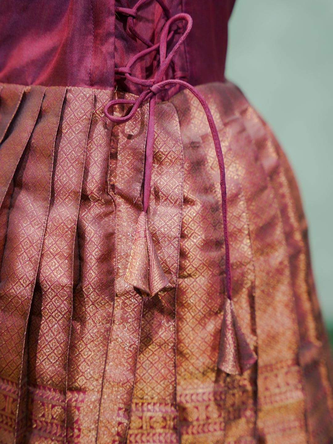 Mauve Silk Halter Gown with Pearl Embroidery & Brocade Skirt