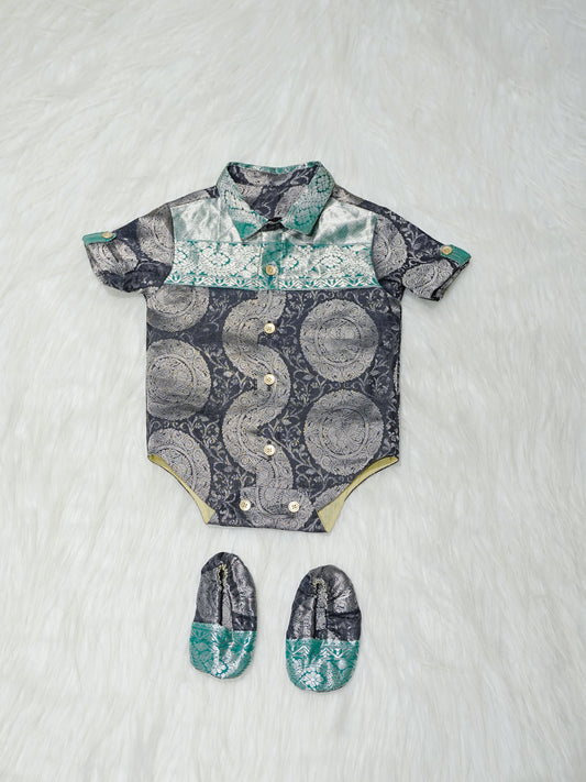 Navy & Teal Silver Medallion Newborn Boy Romper with Booties