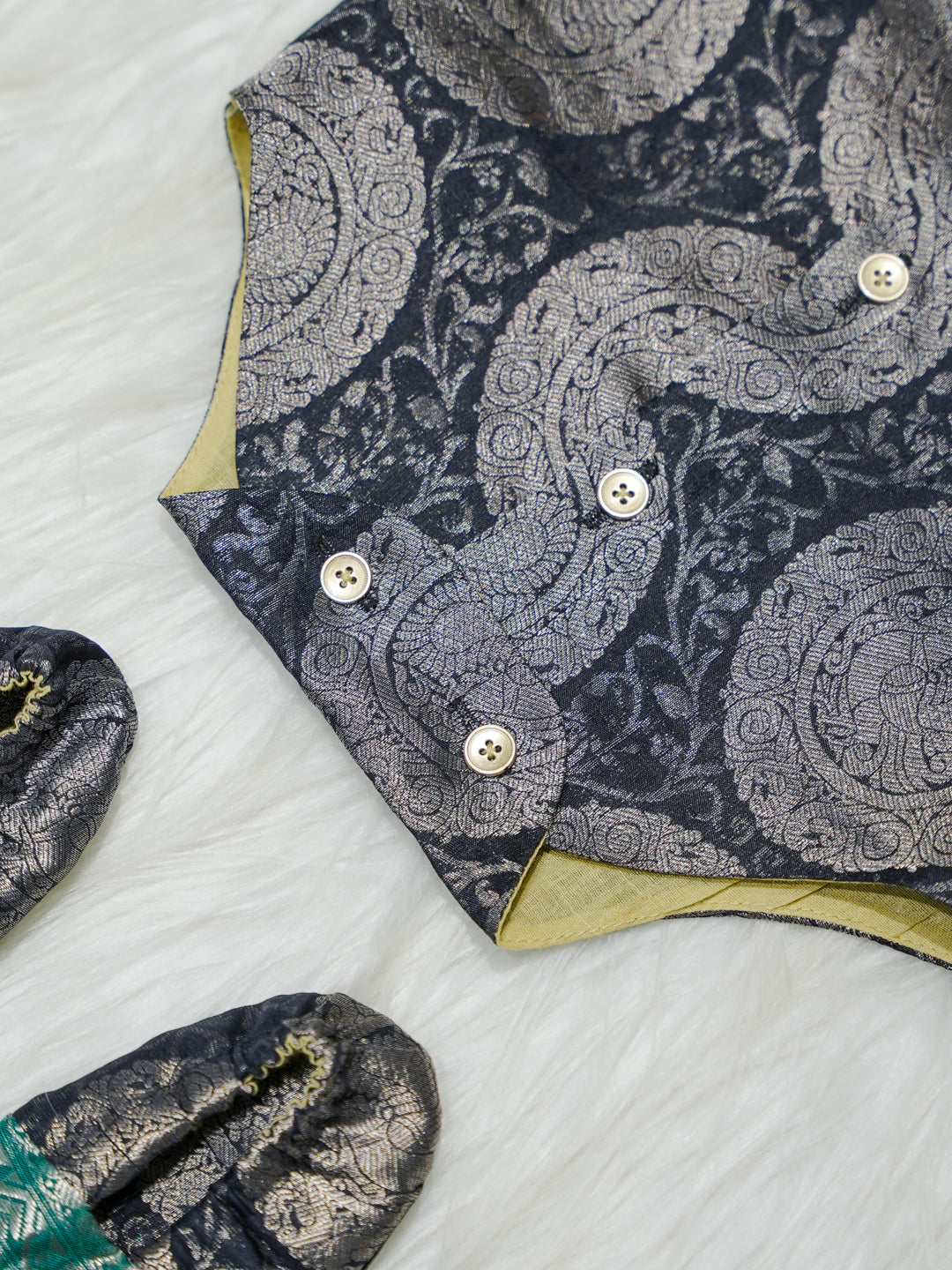 Navy & Teal Silver Medallion Newborn Boy Romper with Booties