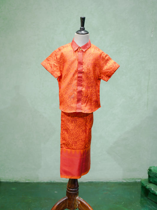 Orange Brocade Silk Shirt & Dhoti Set