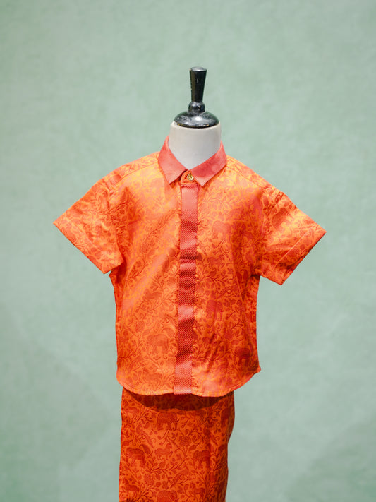 Orange Brocade Silk Shirt & Dhoti Set