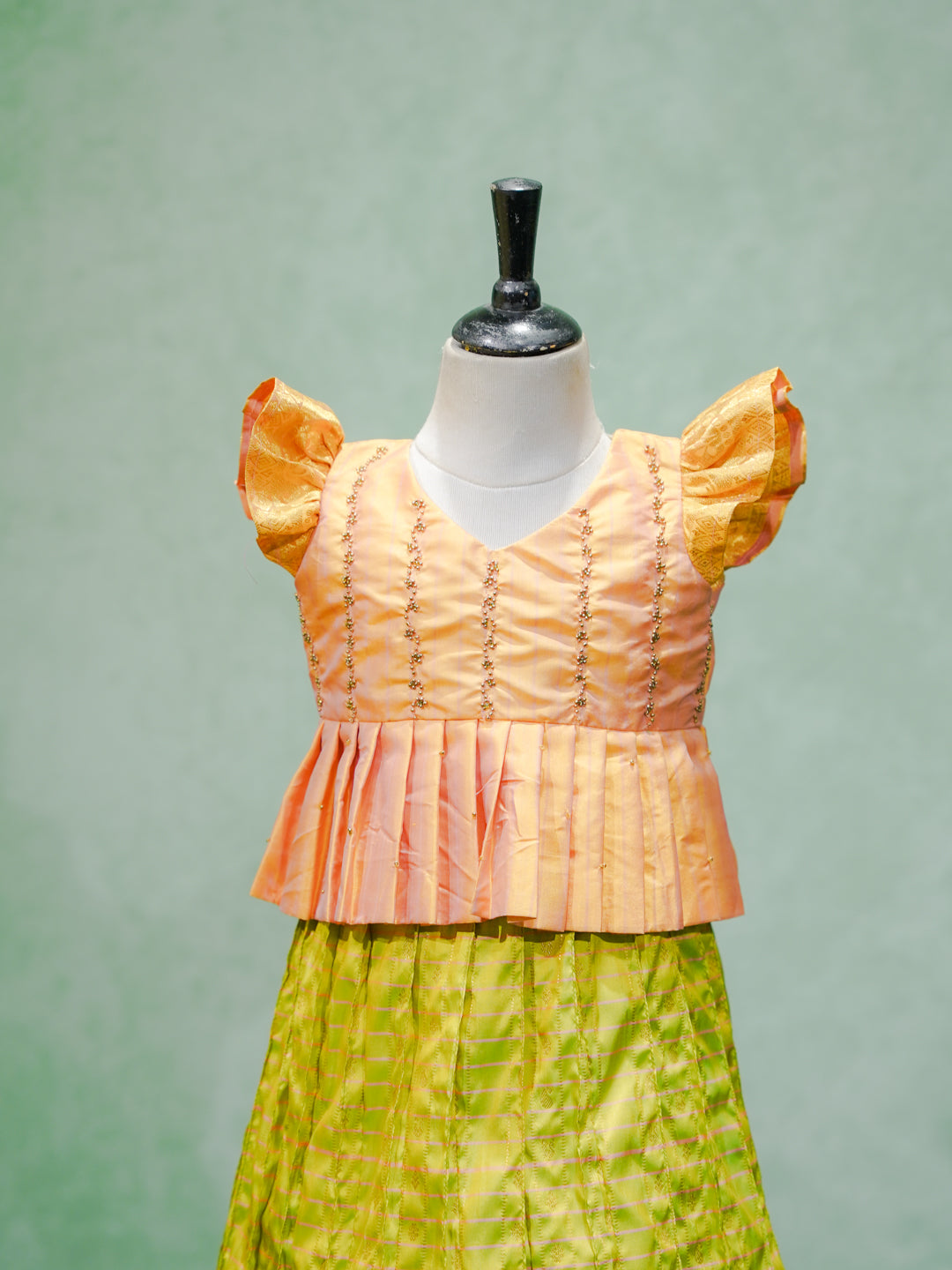 Peach & Lime Green Silk Pattu Pavadai Set