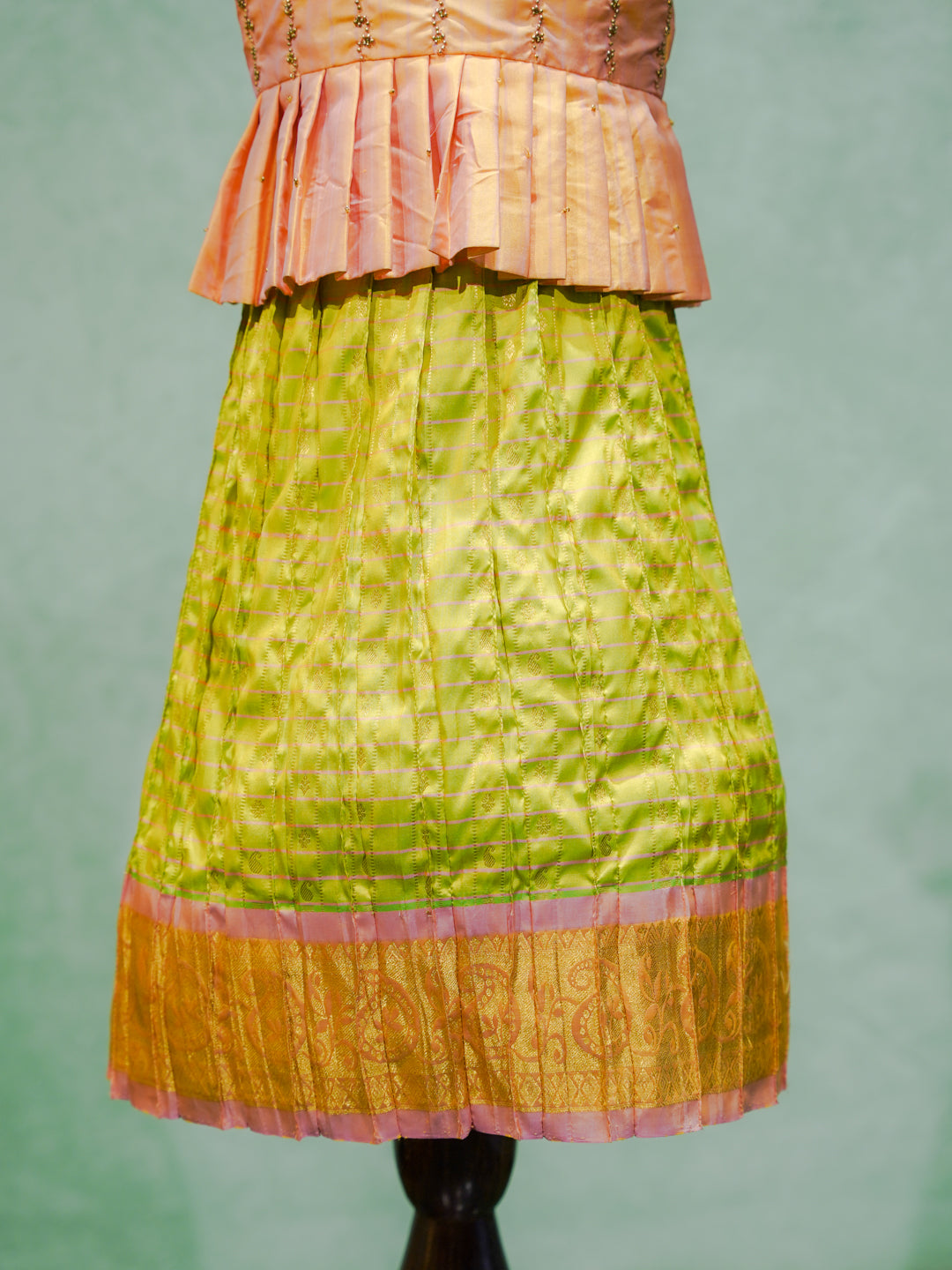 Peach & Lime Green Silk Pattu Pavadai Set