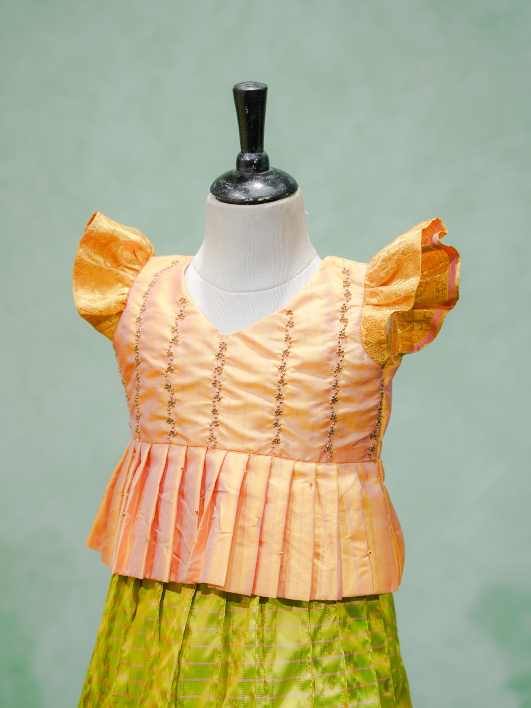 Peach & Lime Green Silk Pattu Pavadai Set
