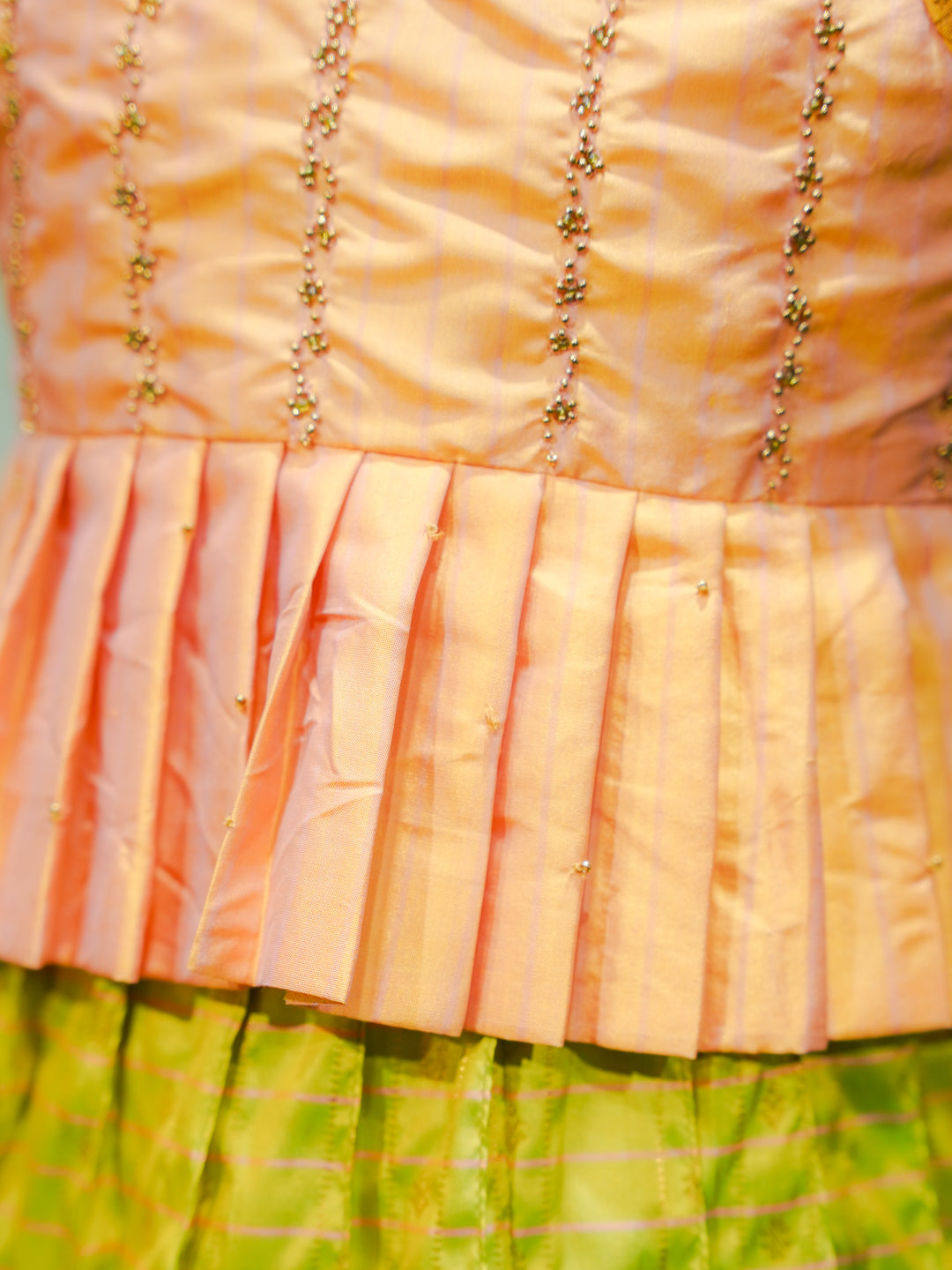 Peach & Lime Green Silk Pattu Pavadai Set