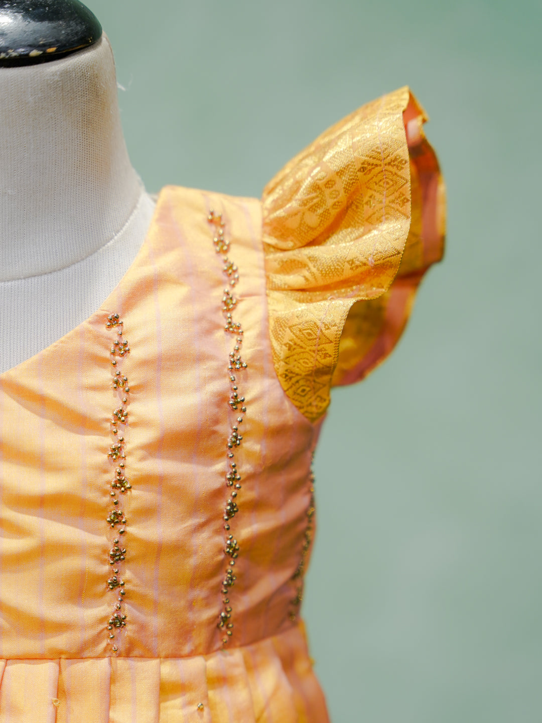 Peach & Lime Green Silk Pattu Pavadai Set