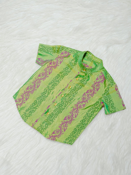 Lime Green Printed Kanchipuram Silk Boys Shirt