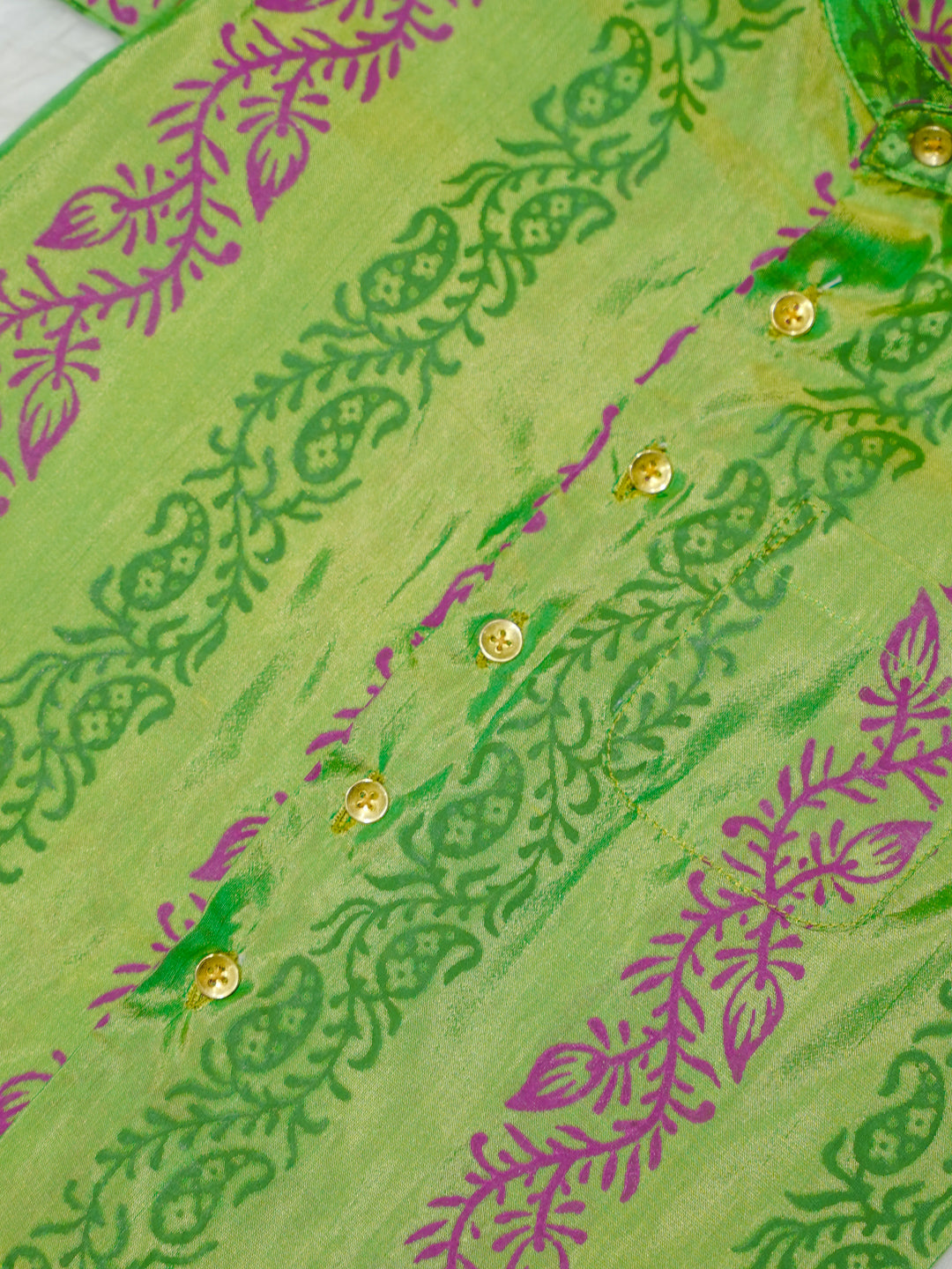 Lime Green Printed Kanchipuram Silk Boys Shirt