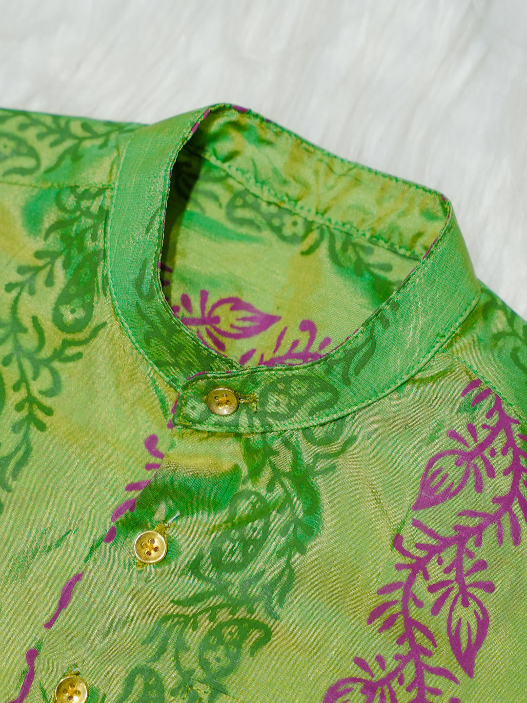 Lime Green Printed Kanchipuram Silk Boys Shirt