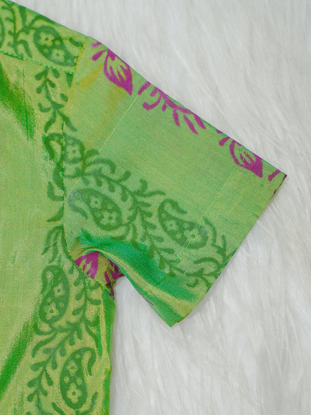 Lime Green Printed Kanchipuram Silk Boys Shirt