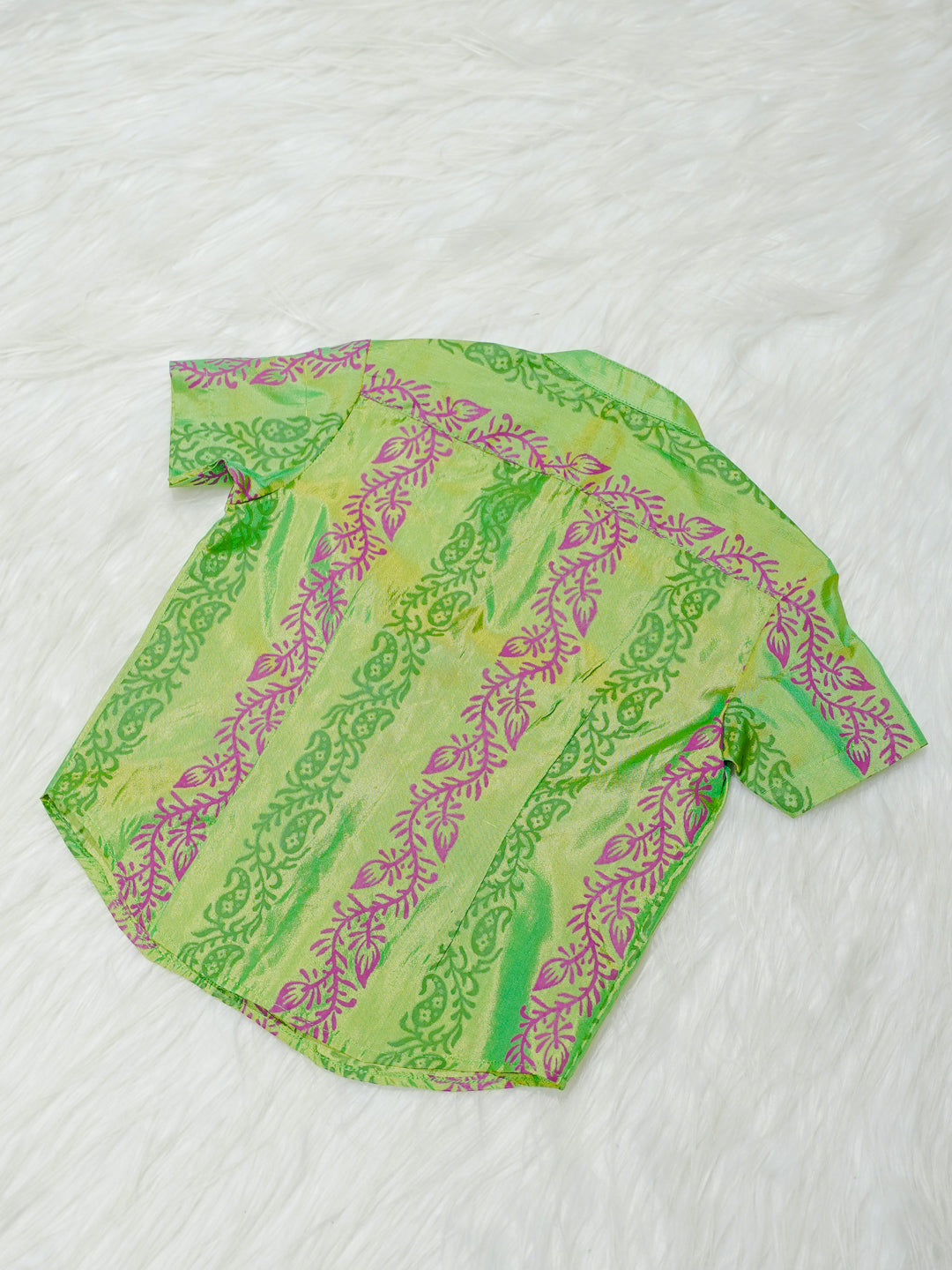 Lime Green Printed Kanchipuram Silk Boys Shirt
