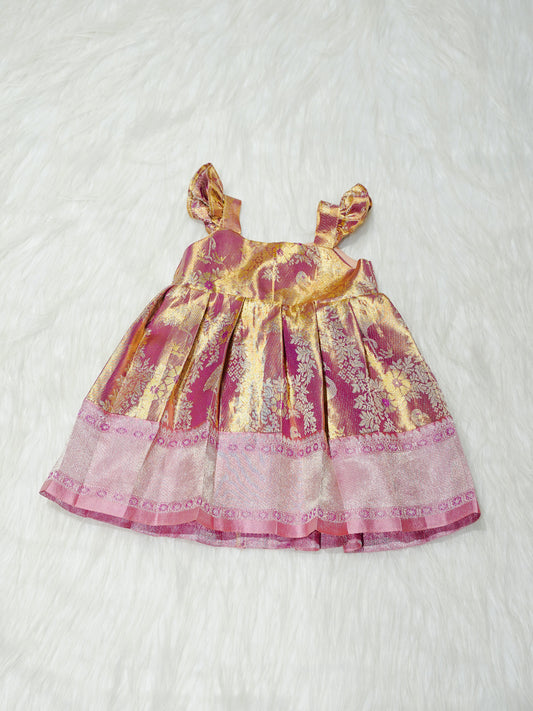 Pink & Gold Floral Brocade Newborn Girl Gown