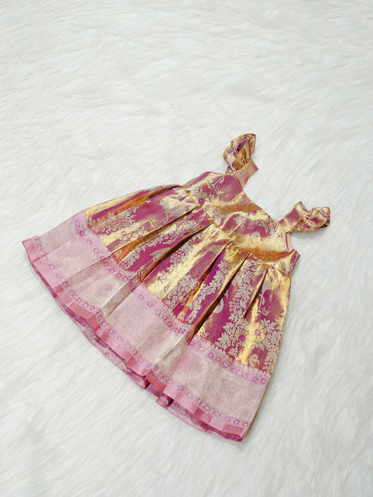 Pink & Gold Floral Brocade Newborn Girl Gown
