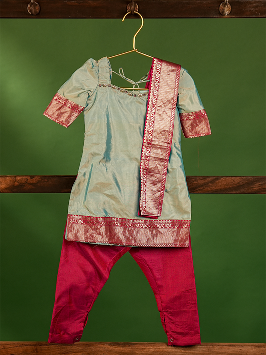 Powder Blue & Pink Pure Kanchipuram Silk Kurta Set