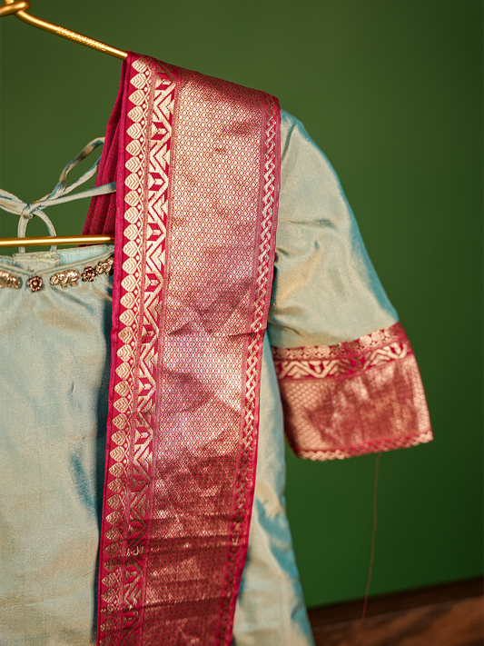 Powder Blue & Pink Pure Kanchipuram Silk Kurta Set