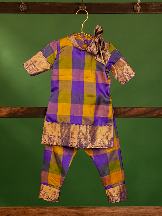 Purple & Mustard Yellow Checked Pure Kanchipuram Silk Kurta Set