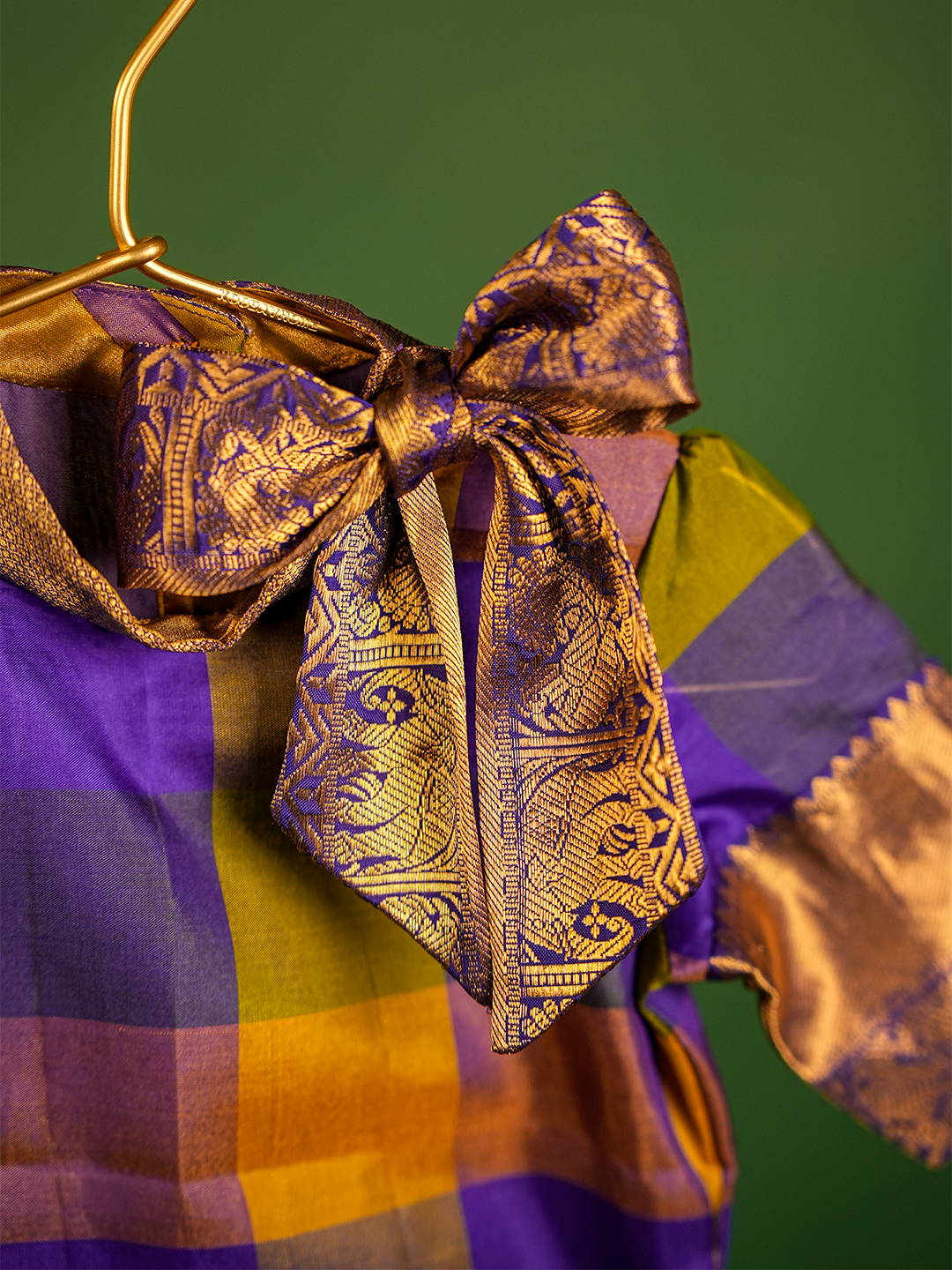 Purple & Mustard Yellow Checked Pure Kanchipuram Silk Kurta Set