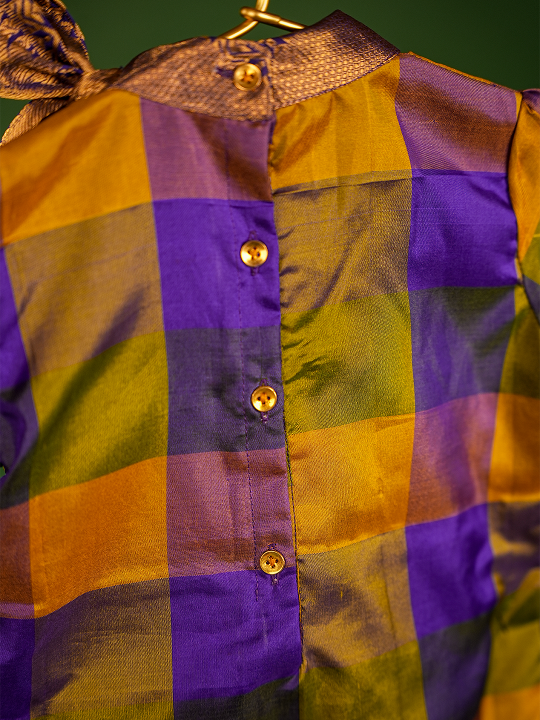Purple & Mustard Yellow Checked Pure Kanchipuram Silk Kurta Set