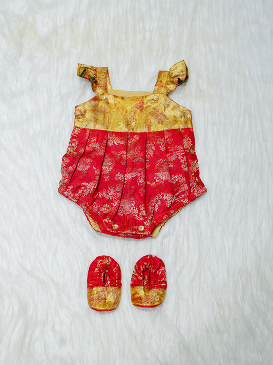 Red & Gold Brocade Newborn Girl Bubble Romper with Booties