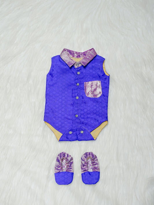 Royal Blue & Silver Brocade Newborn Boy Romper with Booties