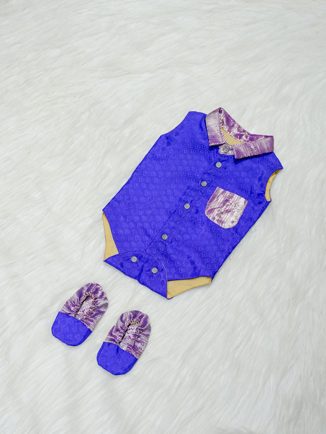 Royal Blue & Silver Brocade Newborn Boy Romper with Booties