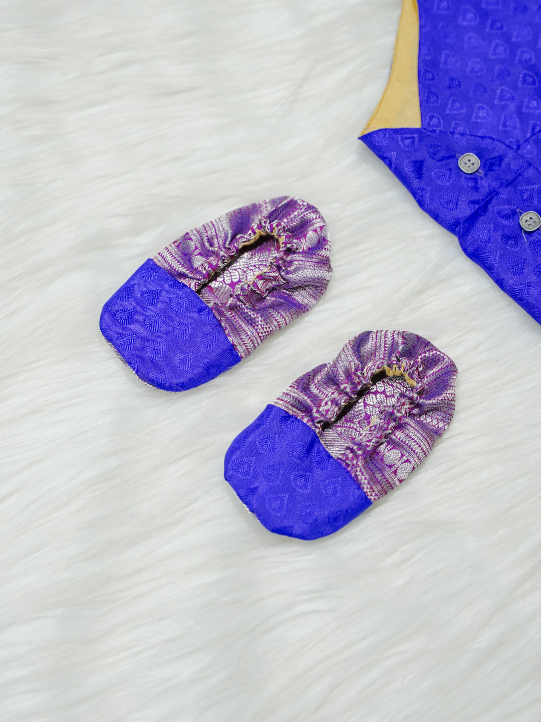 Royal Blue & Silver Brocade Newborn Boy Romper with Booties
