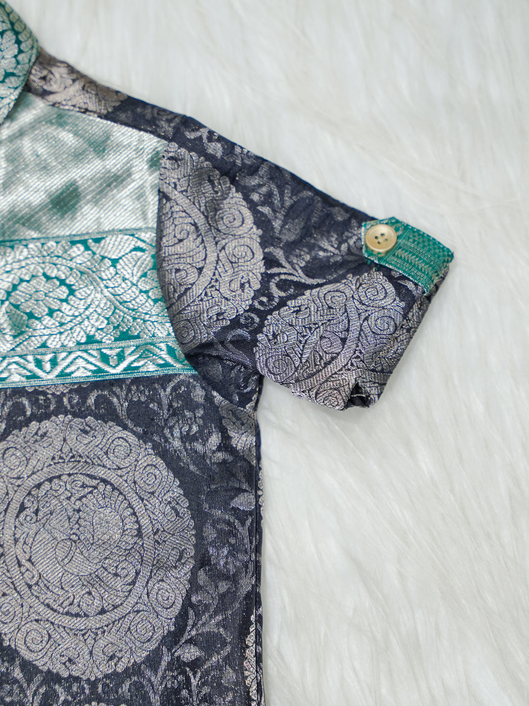 Navy & Teal Silver Medallion Newborn Boy Romper with Booties