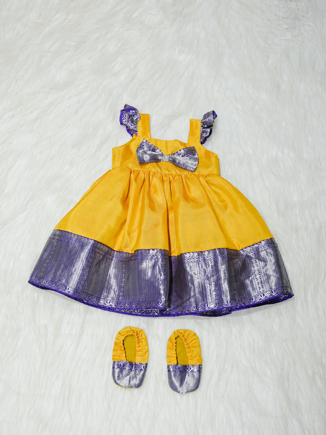 Yellow & Purple Zari Newborn Girl Gown with Booties