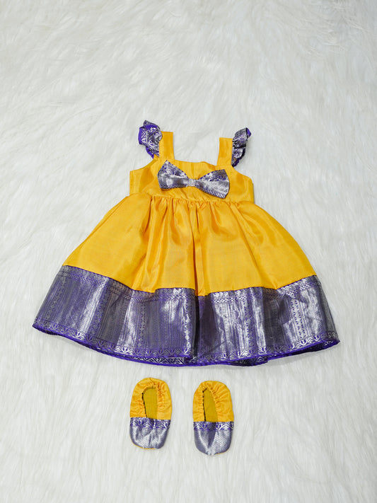 Yellow & Purple Zari Newborn Girl Gown with Booties