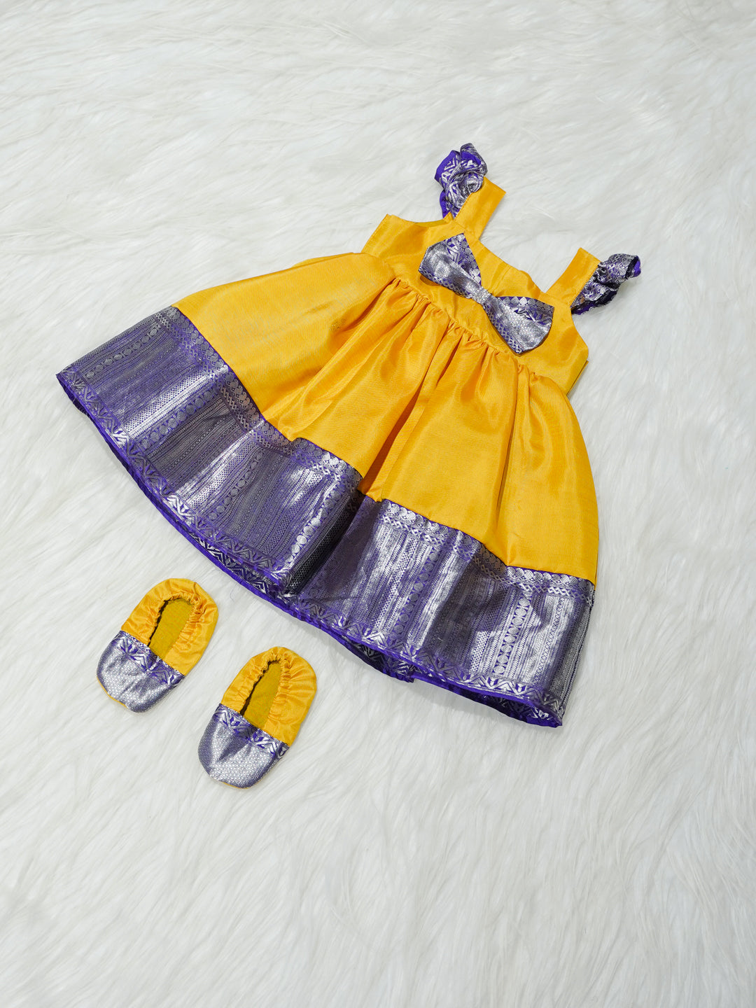 Yellow & Purple Zari Newborn Girl Gown with Booties