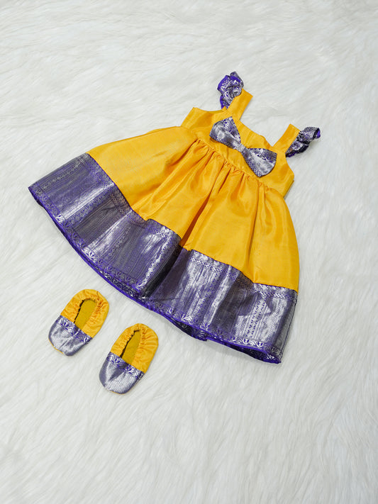 Yellow & Purple Zari Newborn Girl Gown with Booties