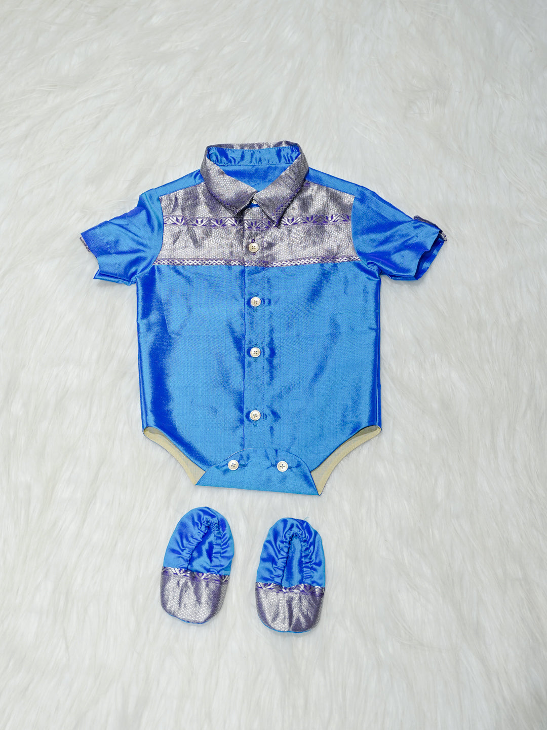 Royal Blue & Silver Silk Newborn Boy Romper with Booties