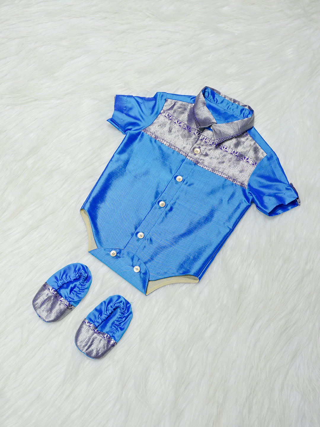 Royal Blue & Silver Silk Newborn Boy Romper with Booties