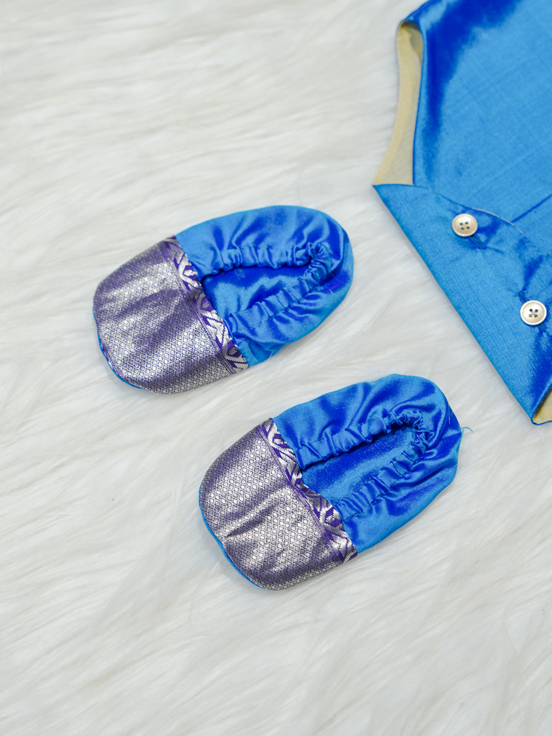 Royal Blue & Silver Silk Newborn Boy Romper with Booties