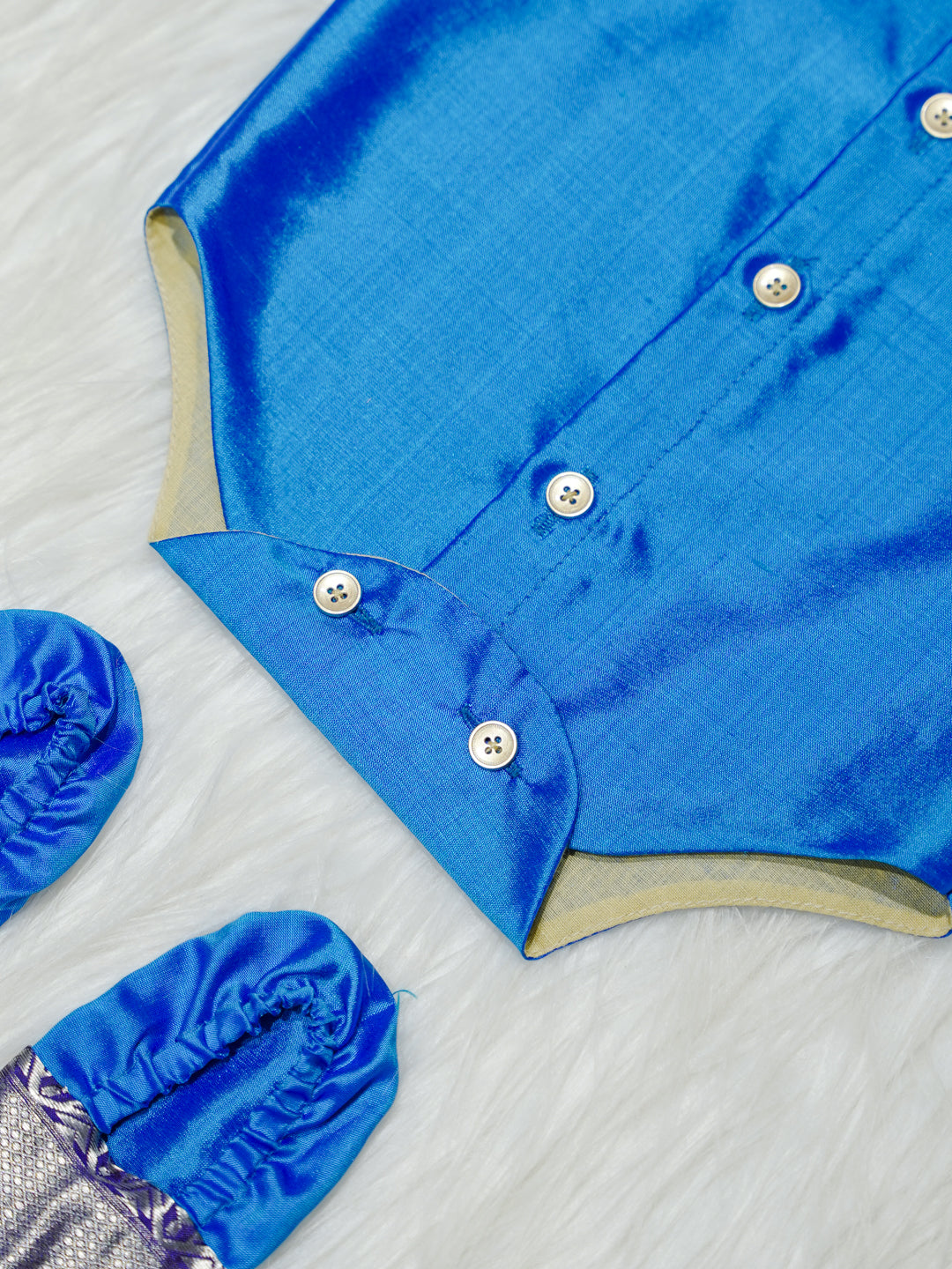 Royal Blue & Silver Silk Newborn Boy Romper with Booties