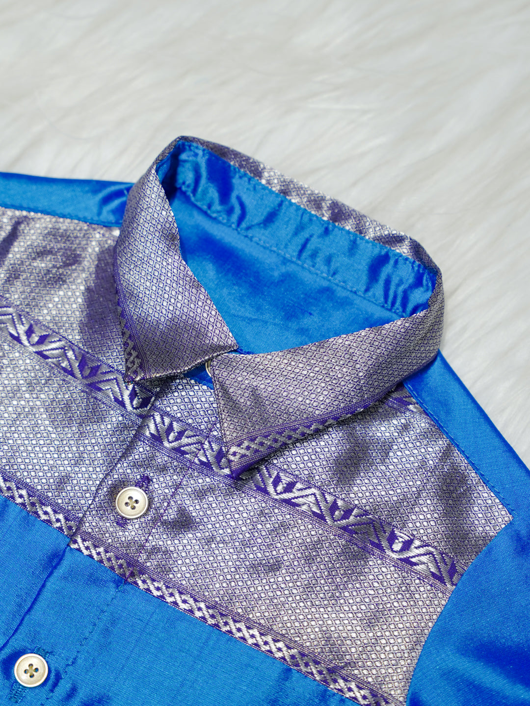 Royal Blue & Silver Silk Newborn Boy Romper with Booties