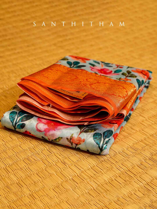 Powder Blue and Tangerine Orange Floral Print Cotton Saree