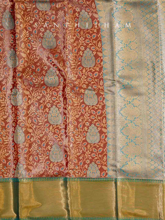 Turquoise Blue and Cocoa Brown  Semi Silk Saree