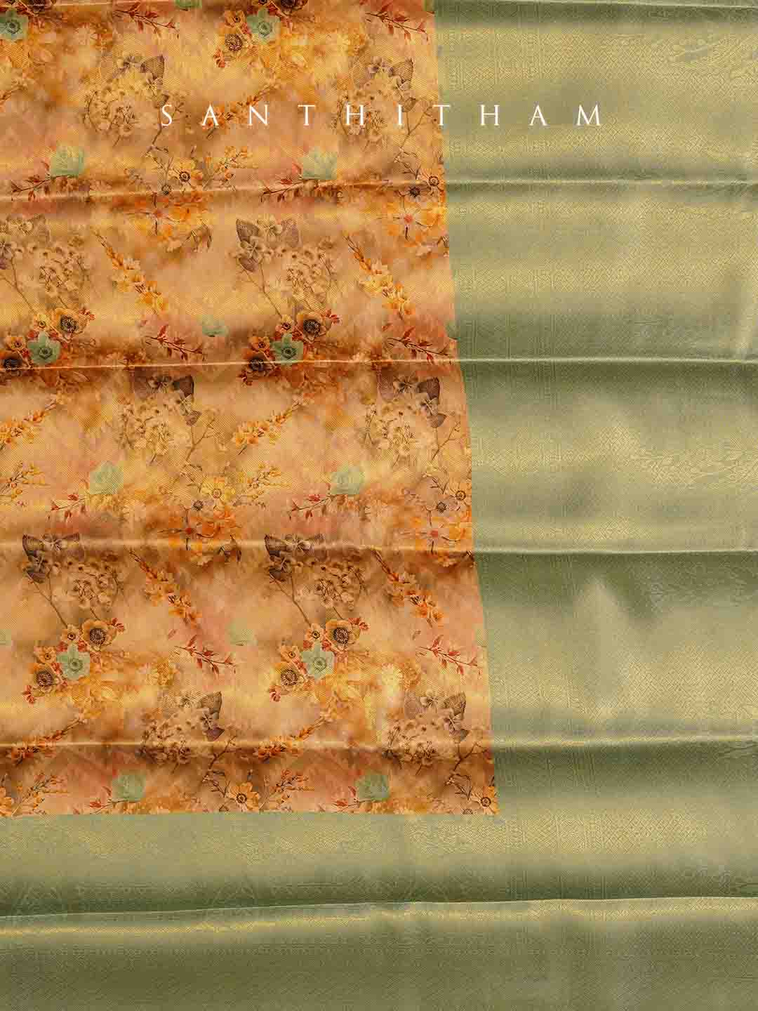 Peach and Turquoise Green Floral Print Semi Silk Saree