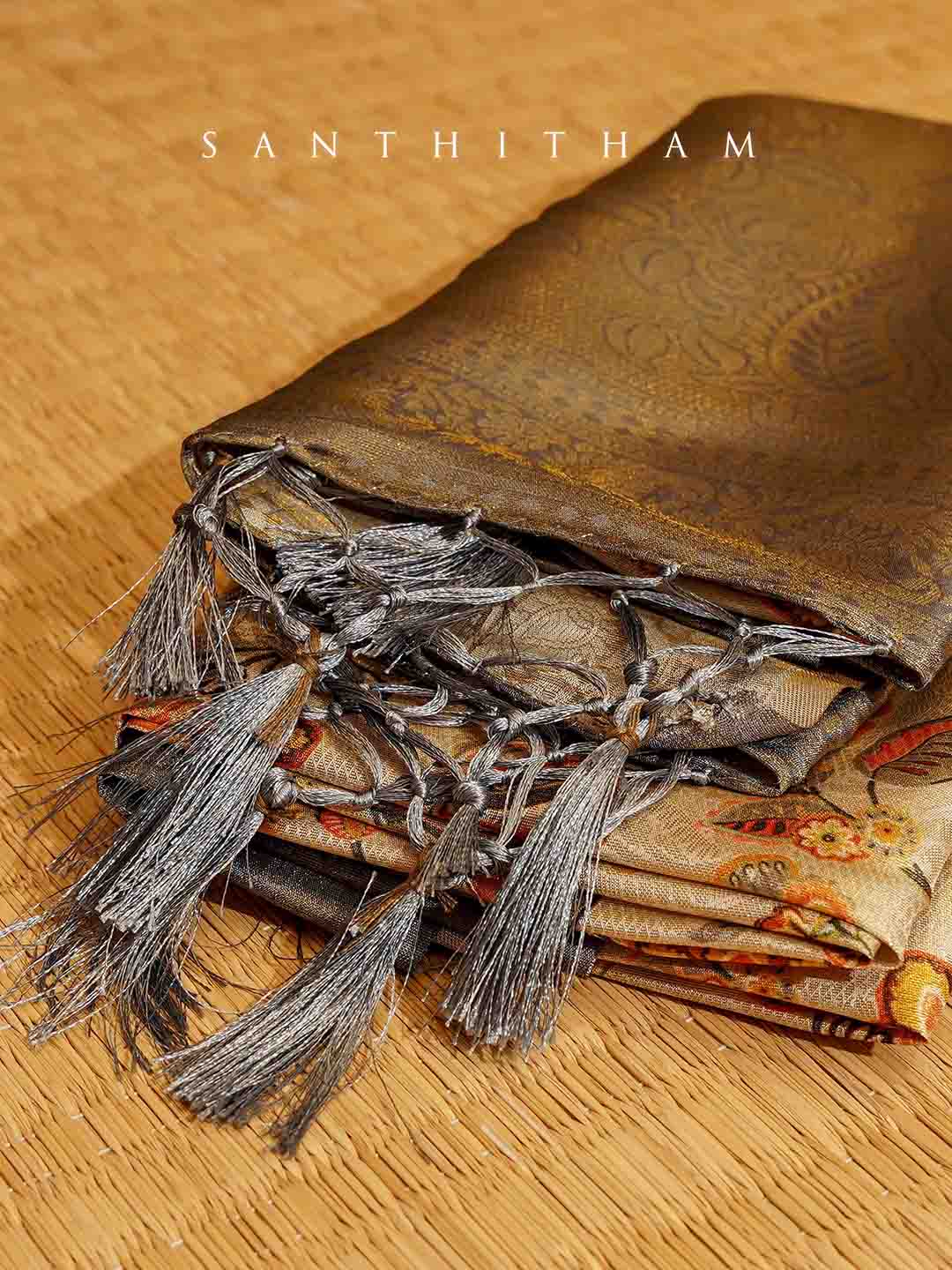 Beige and Gray Floral Print  Semi Silk Saree