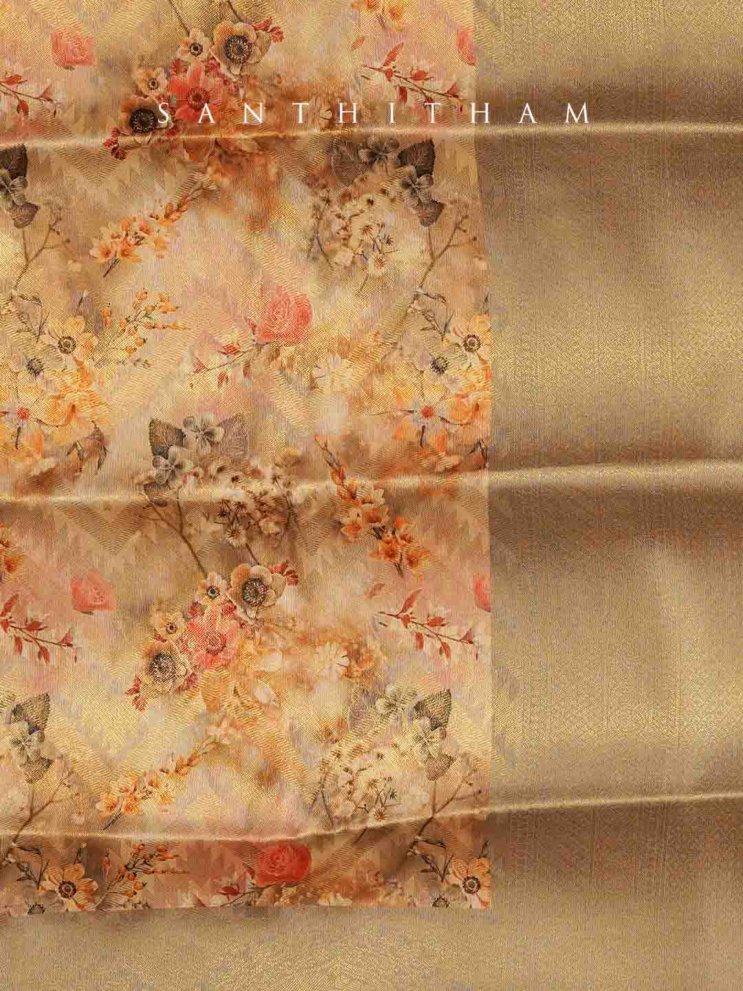 Beige and Gray Floral Print  Semi Silk Saree